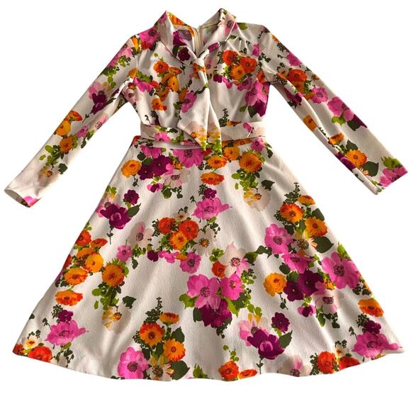 Vintage 1960s Jerri of Miami Floral Dress M Belt Scarf White Pink Orange MCM - Picture 9 of 9